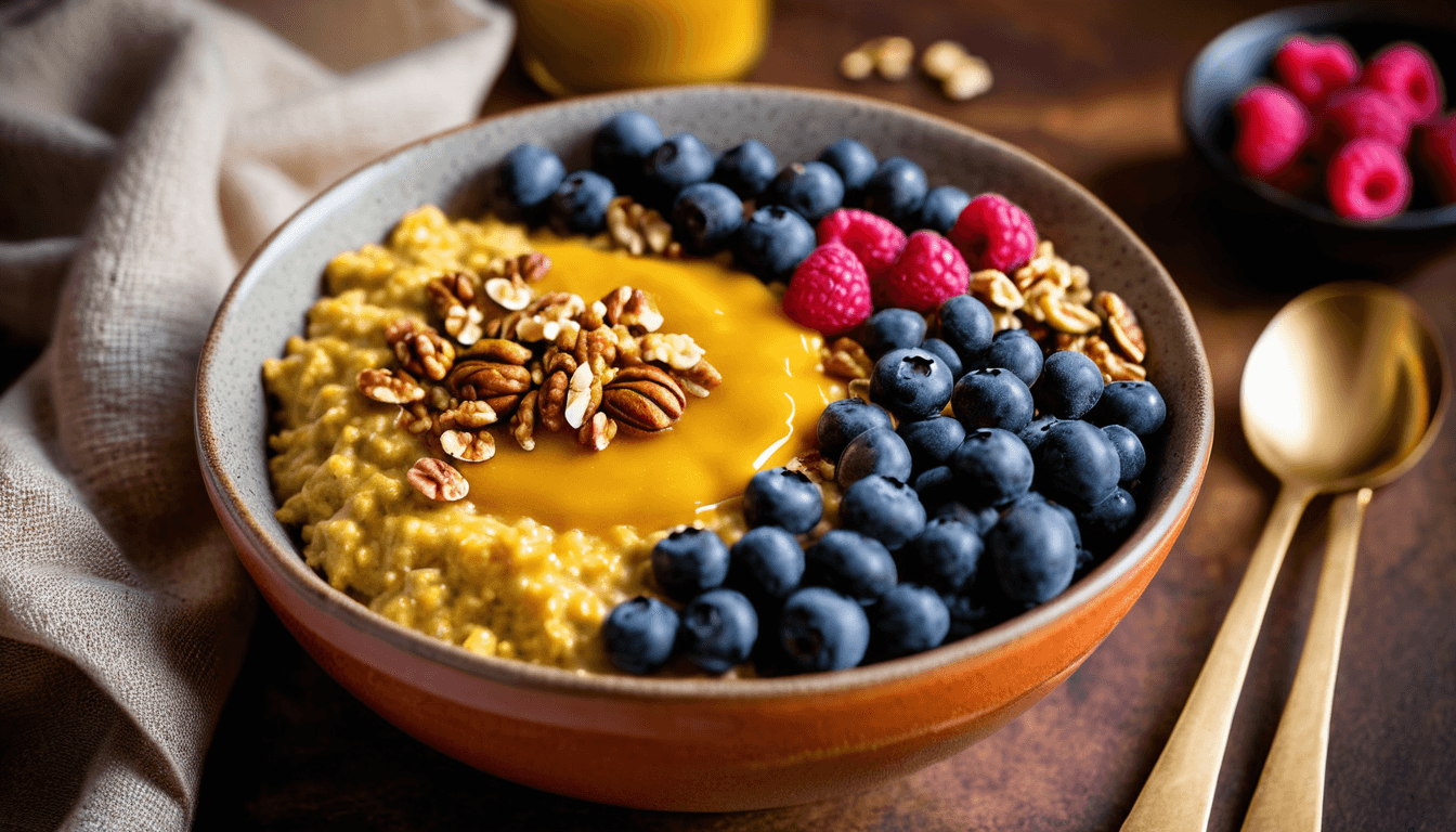 Golden turmeric oatmeal bowl topped with mixed berries, walnuts, and honey drizzle