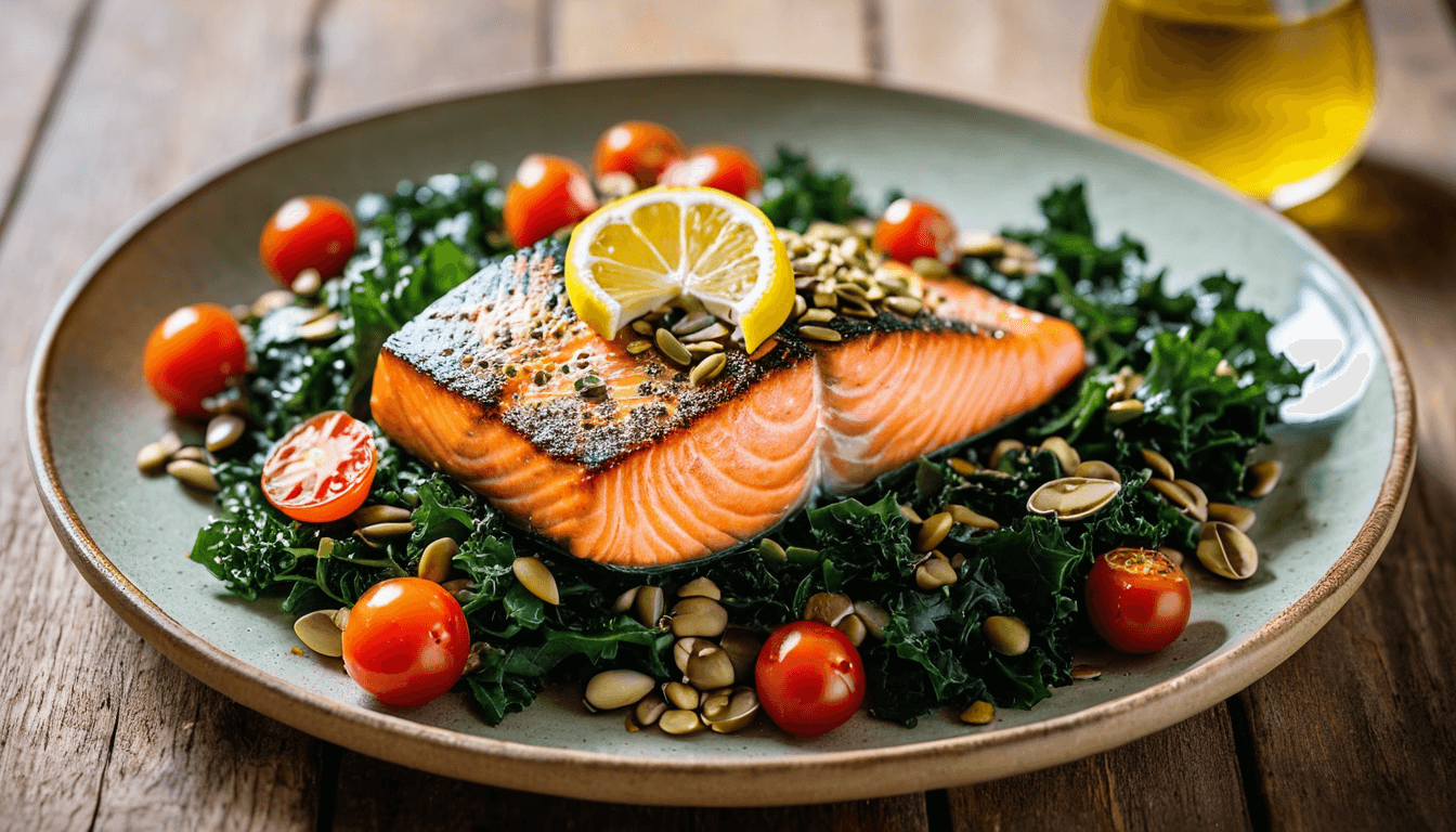 Wild salmon fillet over massaged kale salad with avocado, cherry tomatoes, and seeds