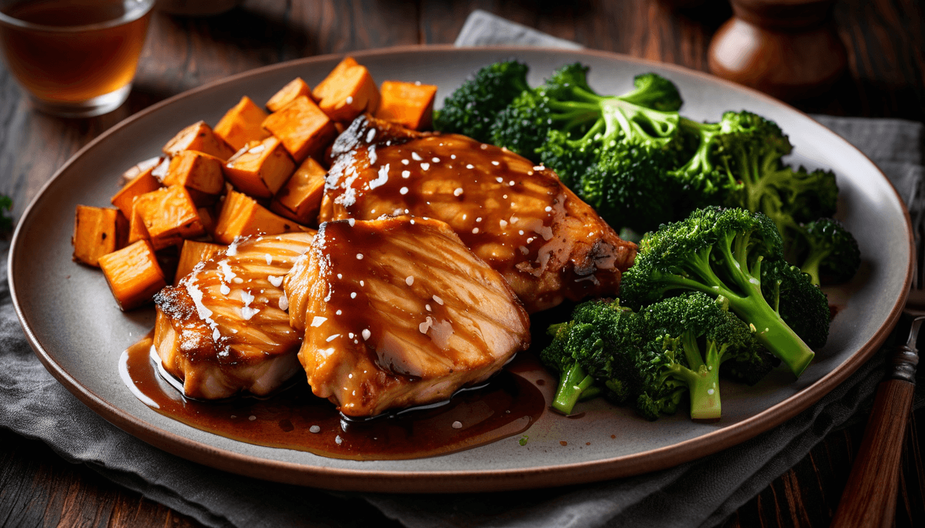 Ginger-garlic glazed chicken thighs with roasted sweet potato and steamed broccoli