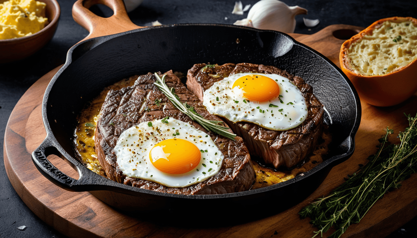 Juicy grass-fed ribeye steak with golden butter and sunny-side-up eggs on cast iron