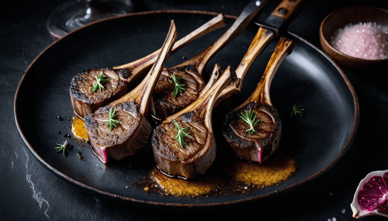 Perfectly seared lamb chops with roasted bone marrow on a dark plate