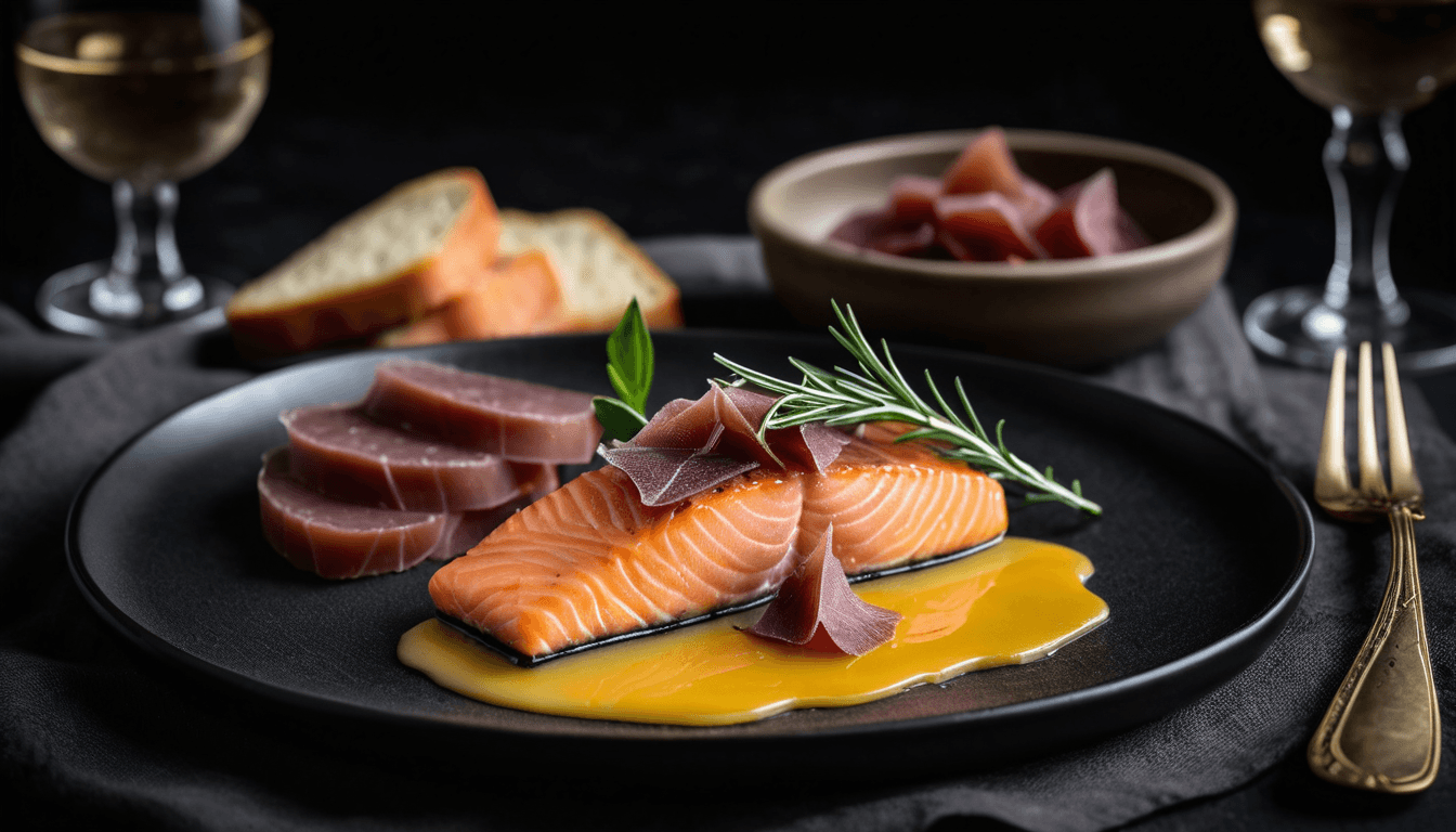 Wild salmon fillet with a side of smooth beef liver pate on elegant plate