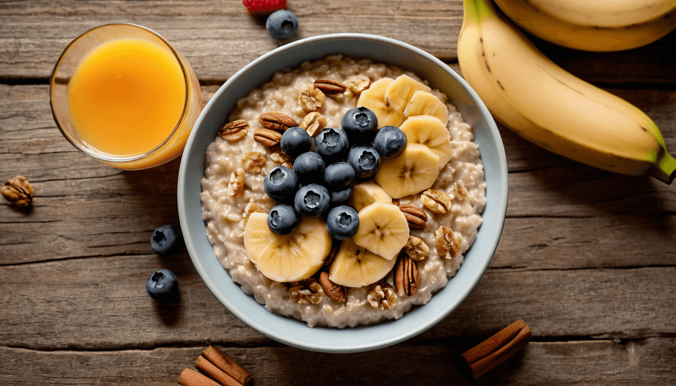 Warm oatmeal bowl with sliced banana, walnuts, and a drizzle of honey