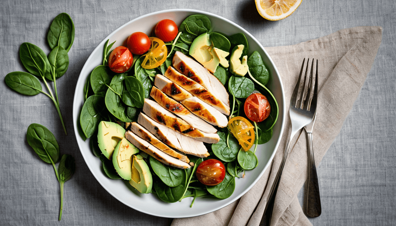 Colorful grilled chicken salad with avocado, spinach, and cherry tomatoes
