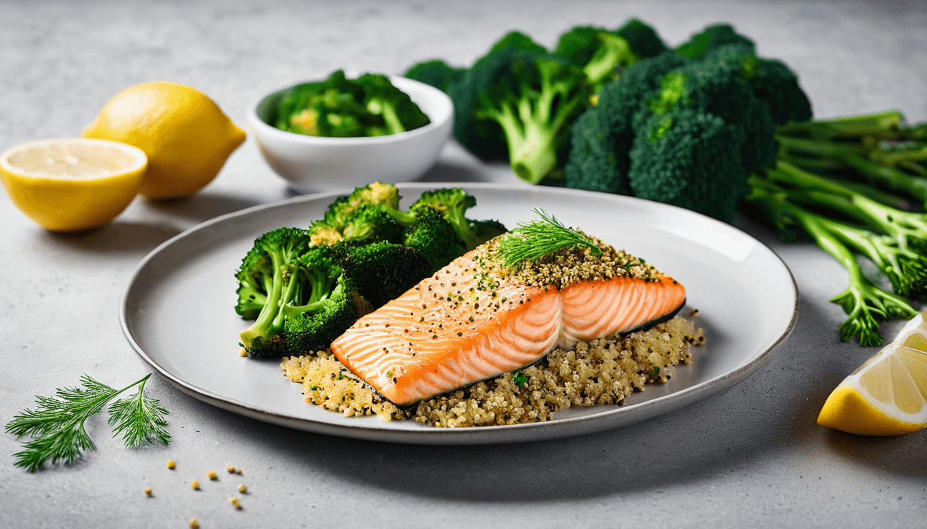 Baked salmon fillet with fluffy quinoa and bright green steamed broccoli