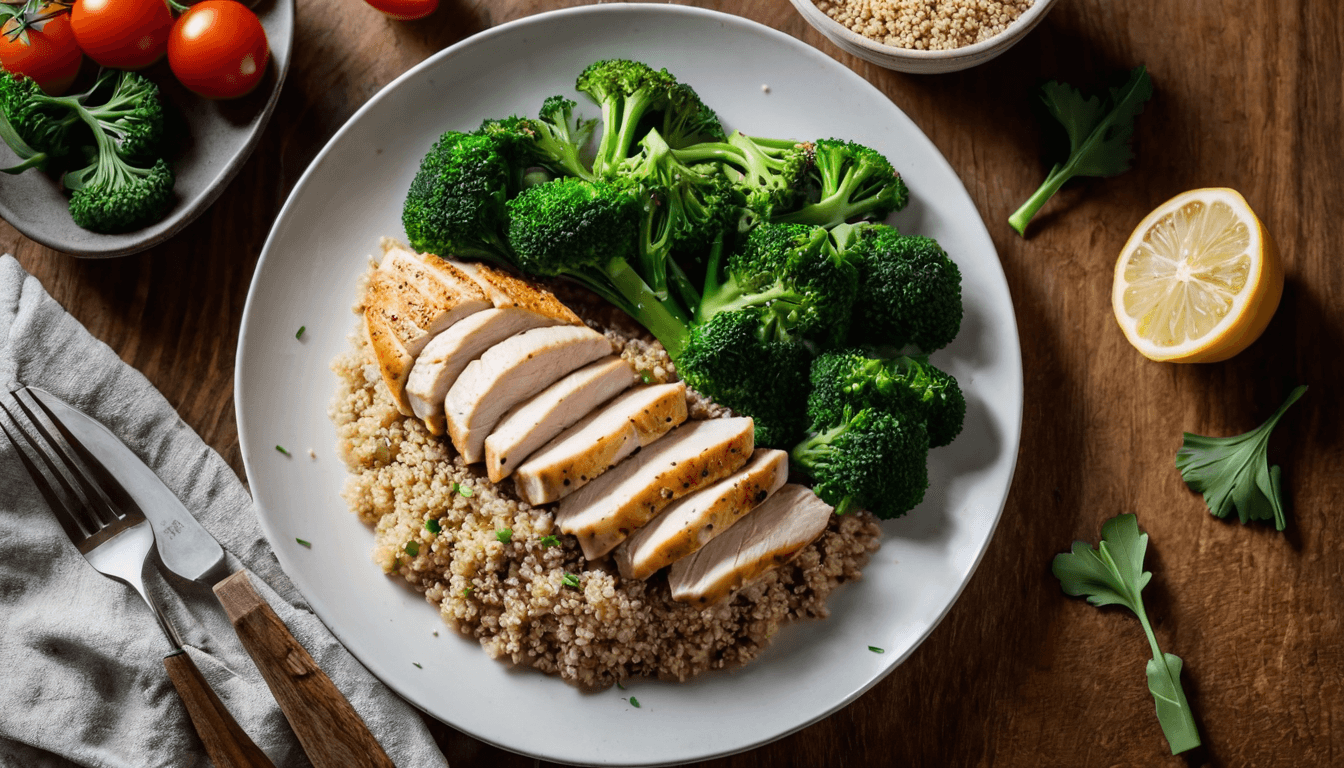 Grilled lemon herb chicken breast over fluffy quinoa with steamed vegetables