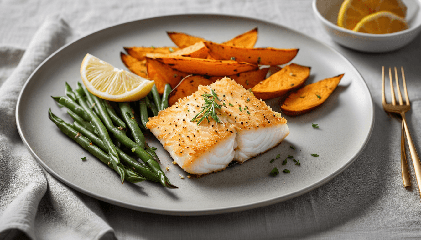Flaky baked cod fillet with roasted sweet potato wedges and green beans