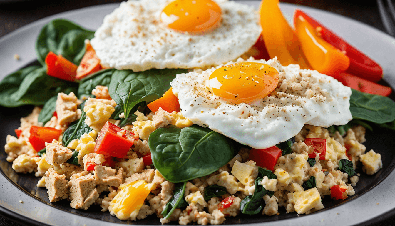 Turkey and egg white scramble with spinach and whole grain toast on white plate