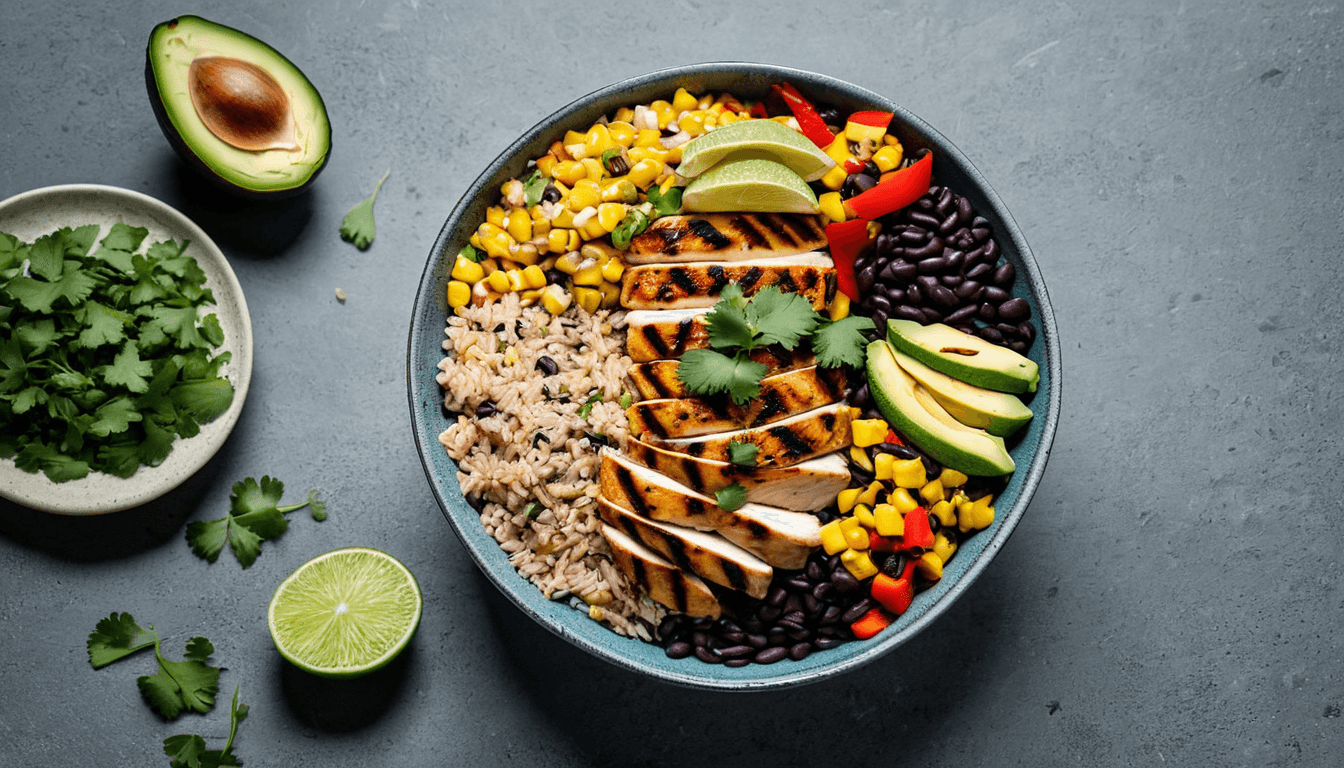 Grilled chicken breast over black beans, brown rice, and roasted vegetables