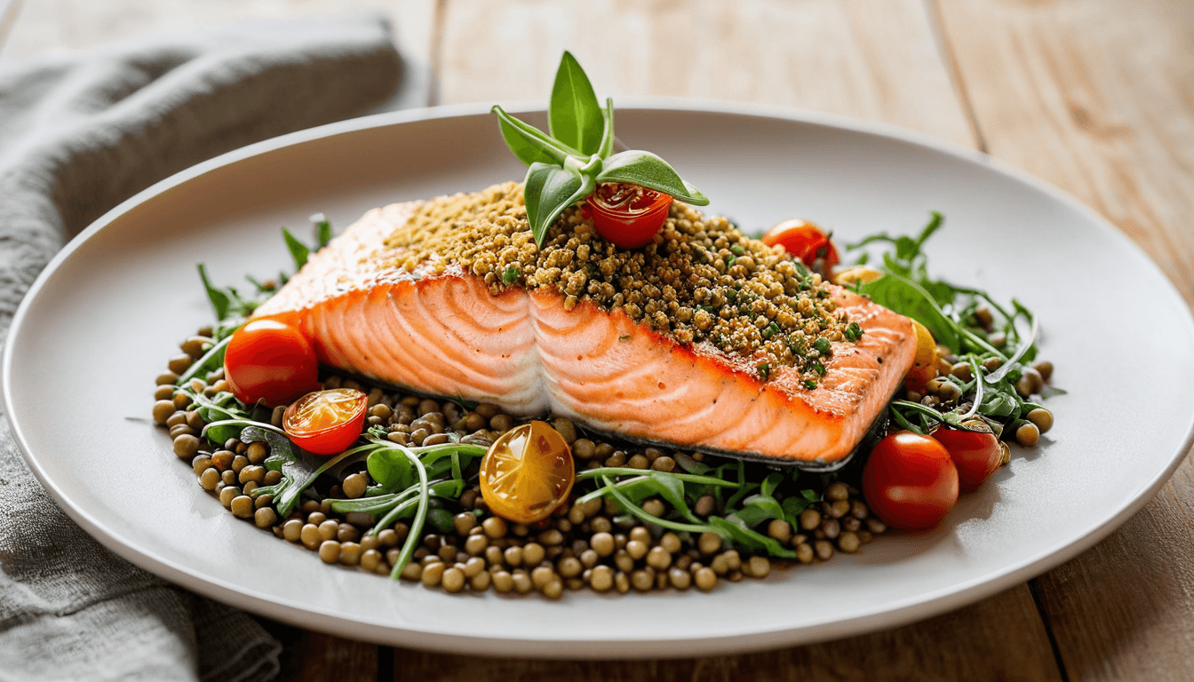 Herb-crusted salmon fillet over green lentils with roasted cherry tomatoes