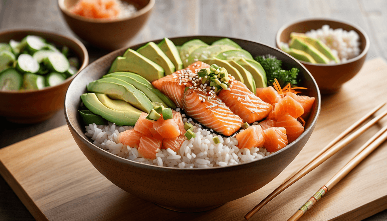 Salmon poke bowl with brown rice, avocado, and pickled vegetables