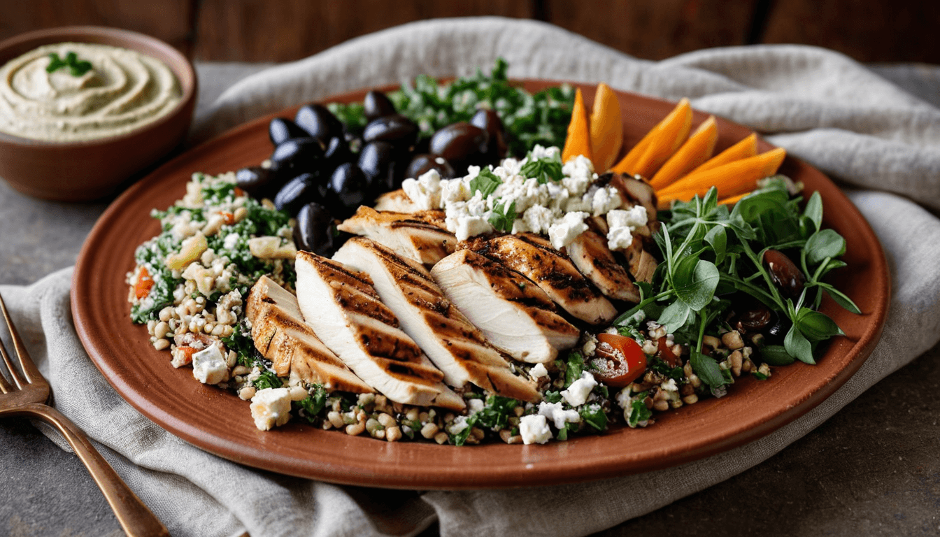 Mediterranean plate with grilled chicken, hummus, tabbouleh, and whole grain pita
