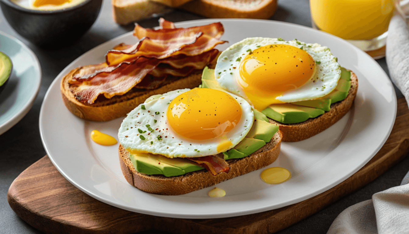 Fluffy keto omelet with avocado slices and crispy bacon on white plate