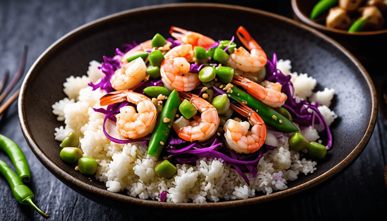 Colorful shrimp stir-fry with cauliflower rice and fresh vegetables in a bowl