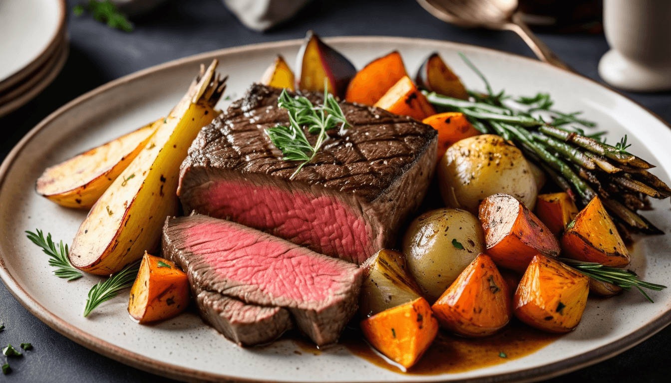 Sweet potato hash topped with eggs and herbs on rustic plate