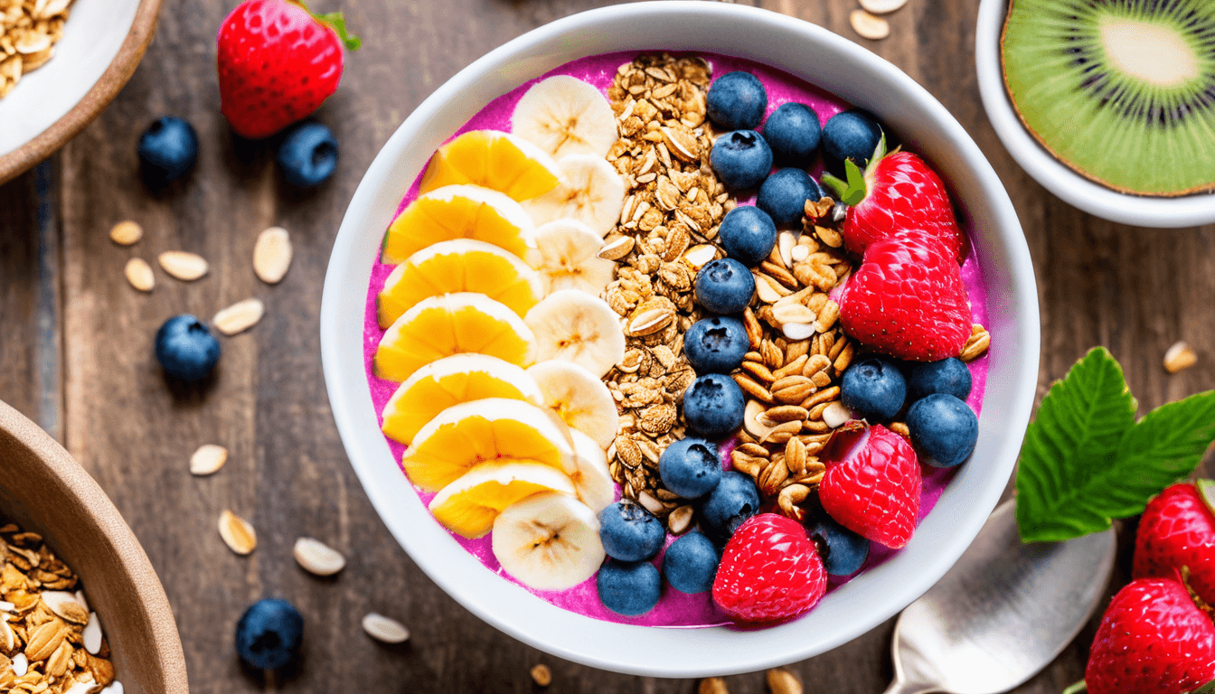 Greek yogurt parfait with granola, blueberries, and raspberries in glass jar