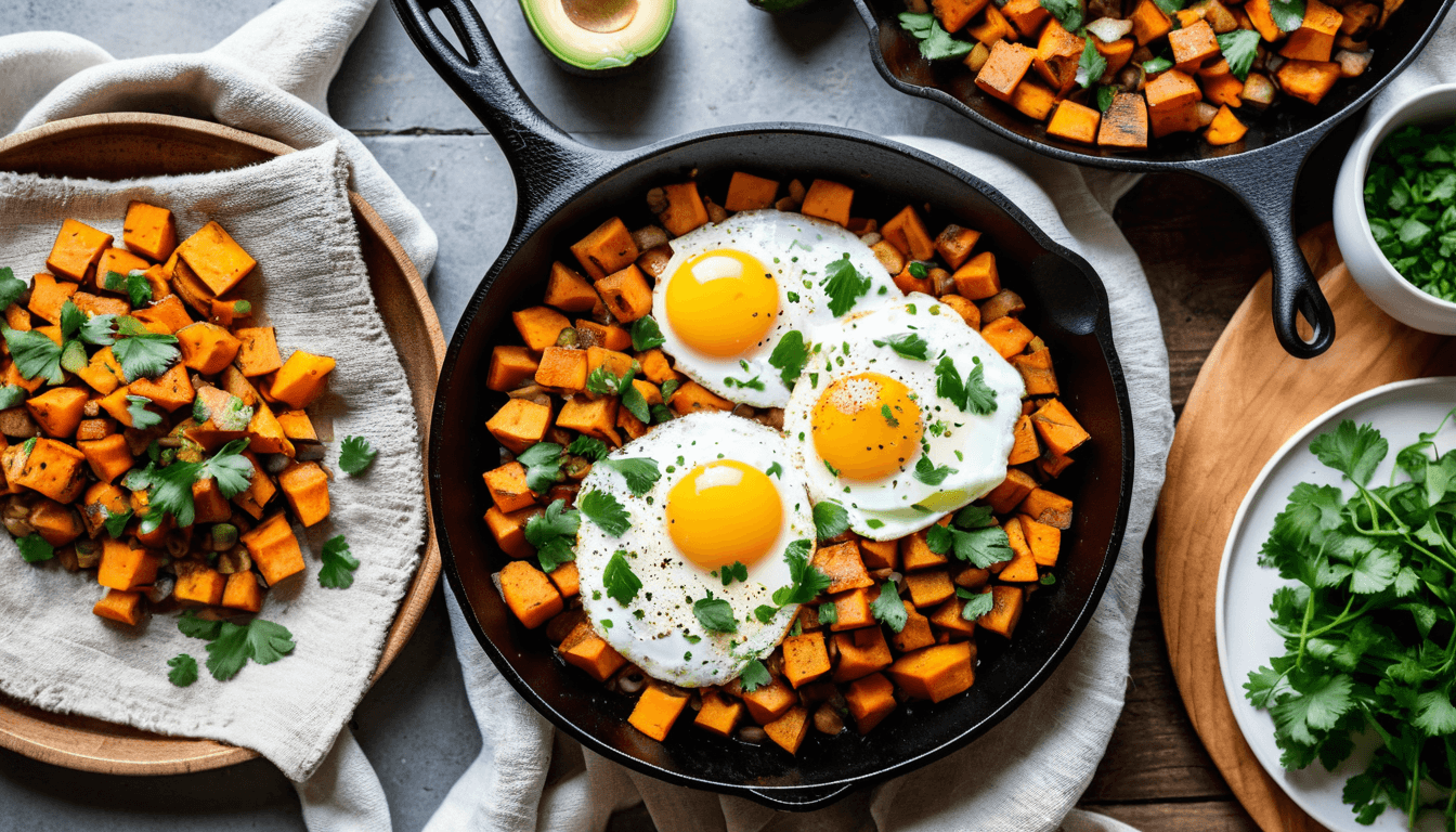 Colorful sweet potato hash topped with fried eggs and avocado slices