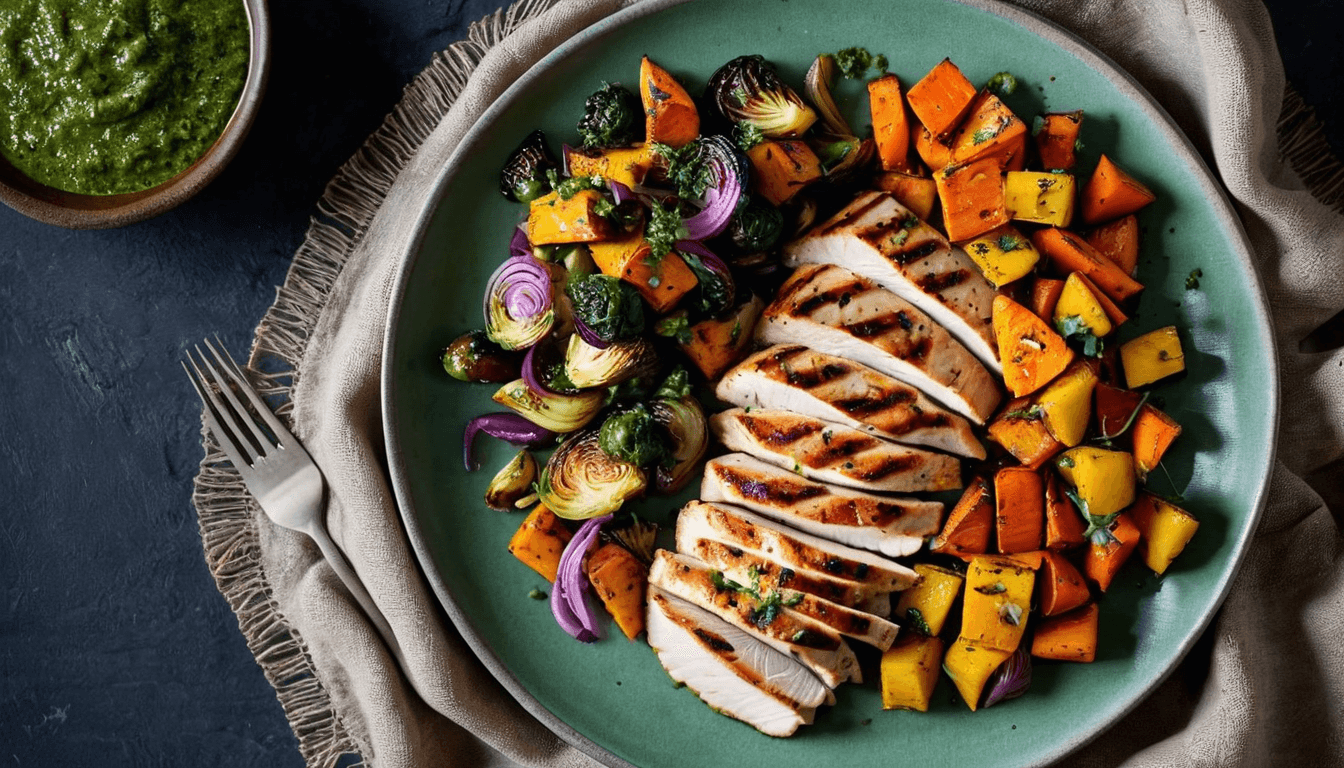 Grilled chicken breast with colorful roasted vegetables and green chimichurri sauce