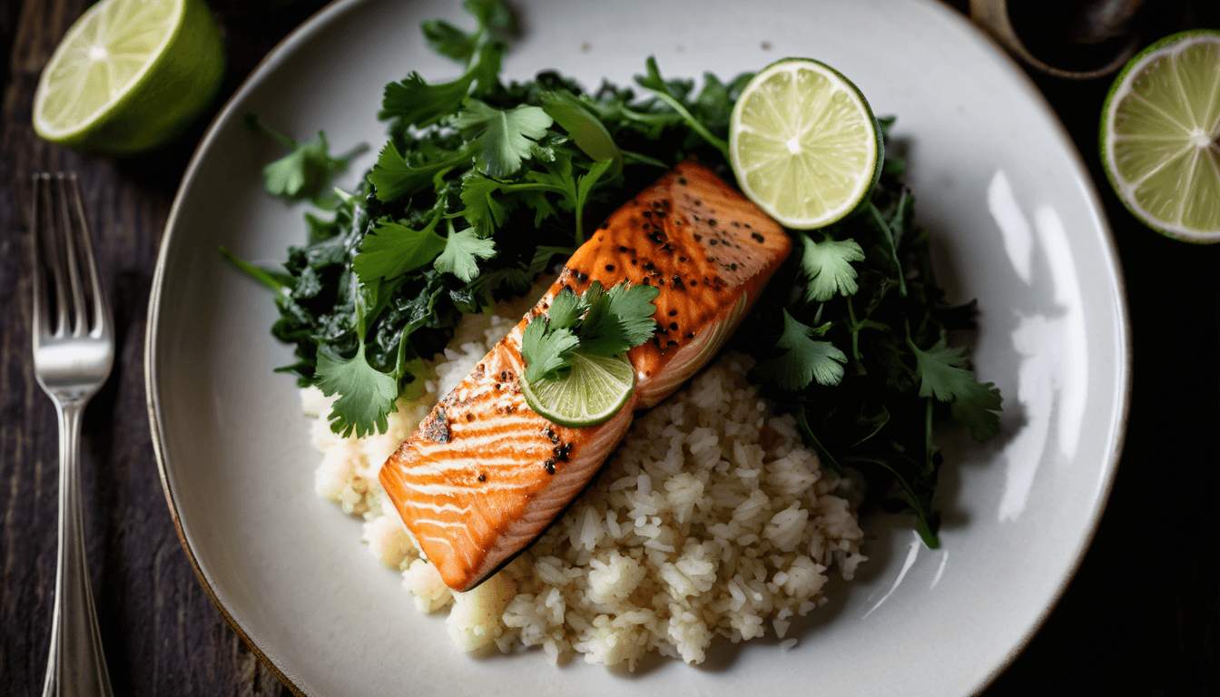 Pan-seared salmon on a bed of coconut-lime cauliflower rice with greens
