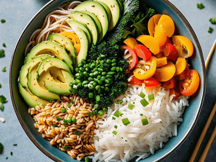Nutritious gluten-free meal with safe grains and fresh ingredients on white plate
