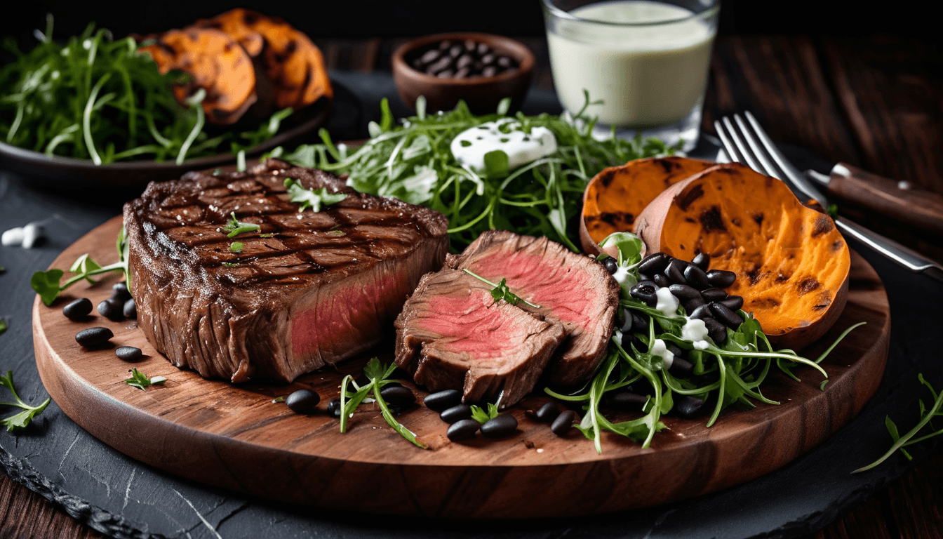 Grilled steak with loaded sweet potato topped with black beans, cheese, and sour cream