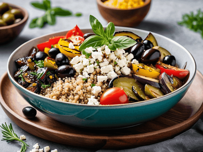 Mediterranean meal with olive oil, fish, vegetables and fresh herbs