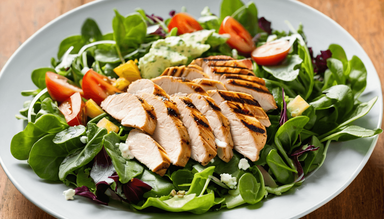 Grilled chicken breast over mixed greens with colorful non-starchy vegetables