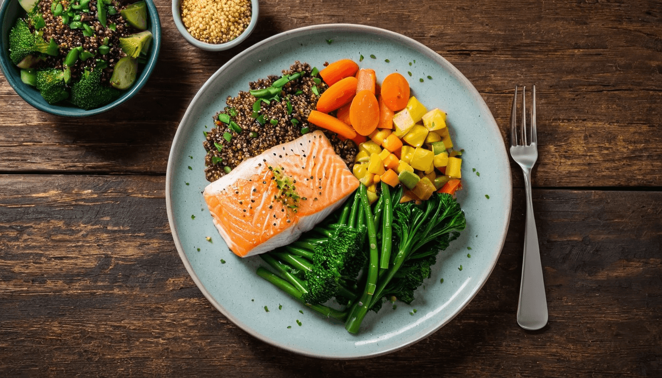Flaky baked cod fillet with quinoa and steamed broccoli on white plate