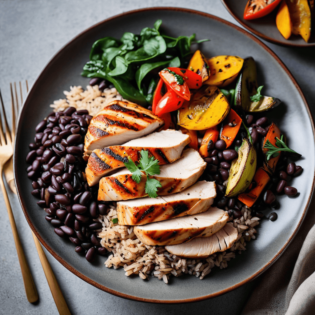 High protein meal with grilled chicken, eggs, and protein-rich ingredients