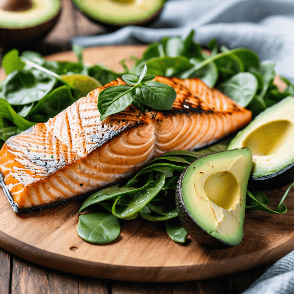 Colorful ketogenic meal with avocado, salmon and low-carb vegetables on modern plate