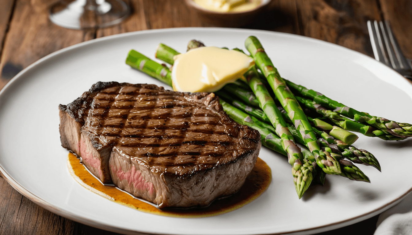 Juicy ribeye steak with creamy cauliflower mash and herbs on dark plate