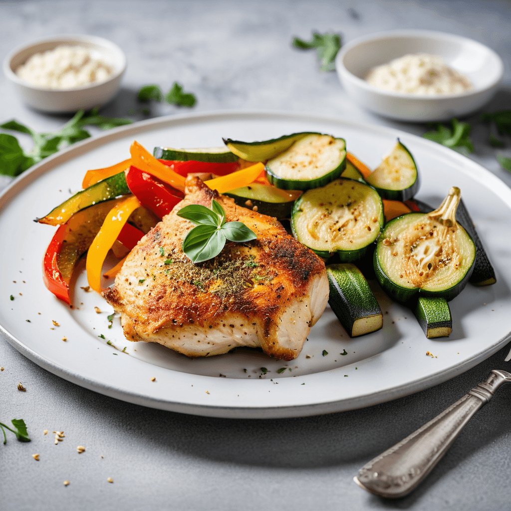 Low carb meal with grilled chicken, fresh vegetables, and herbs on modern plate
