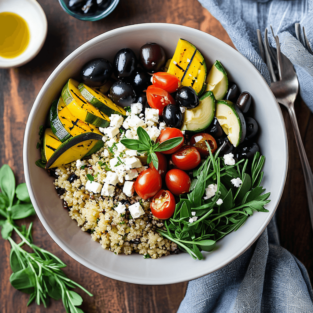 Mediterranean meal with olive oil, fish, vegetables and fresh herbs