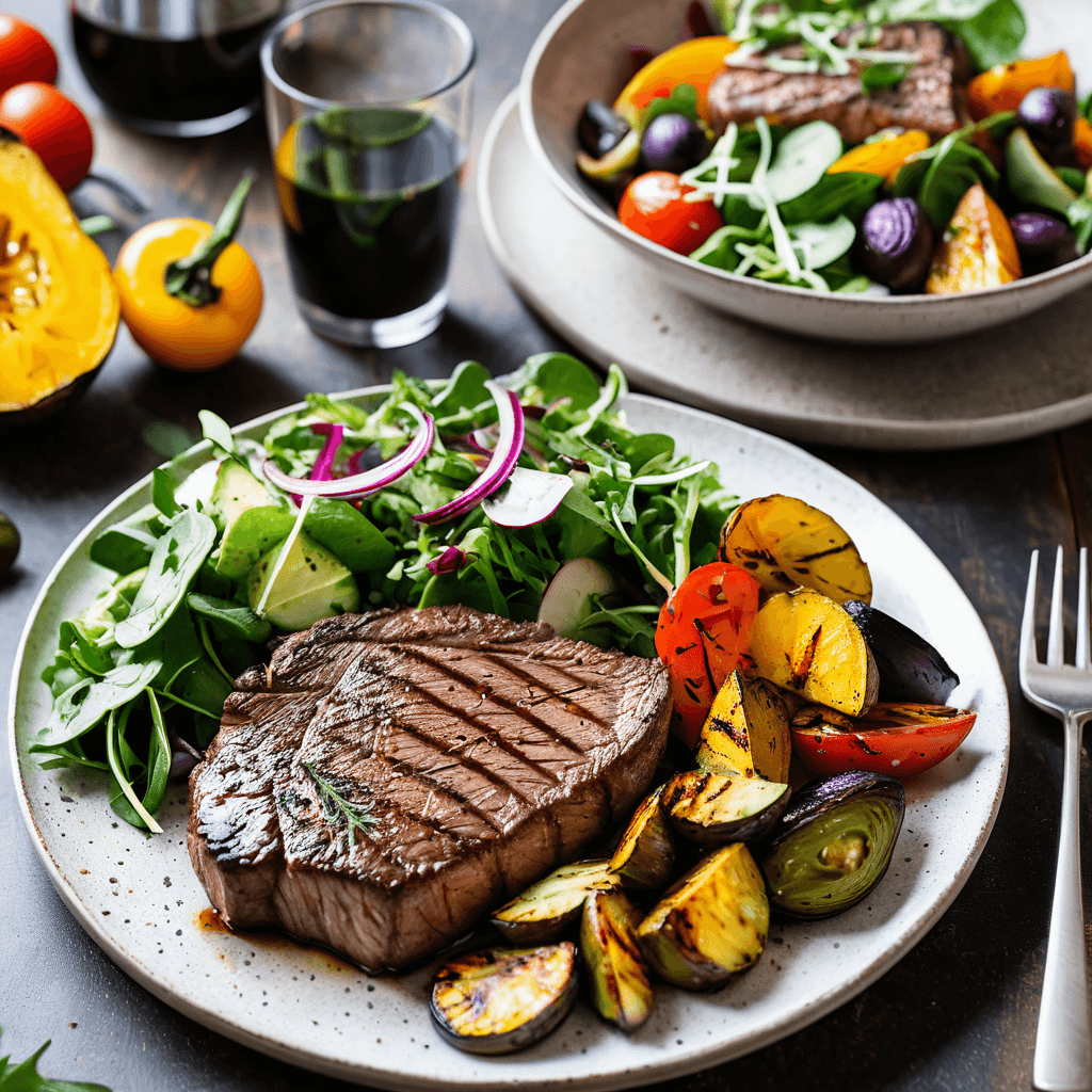 Paleo meal with grass-fed meat, sweet potato and organic vegetables
