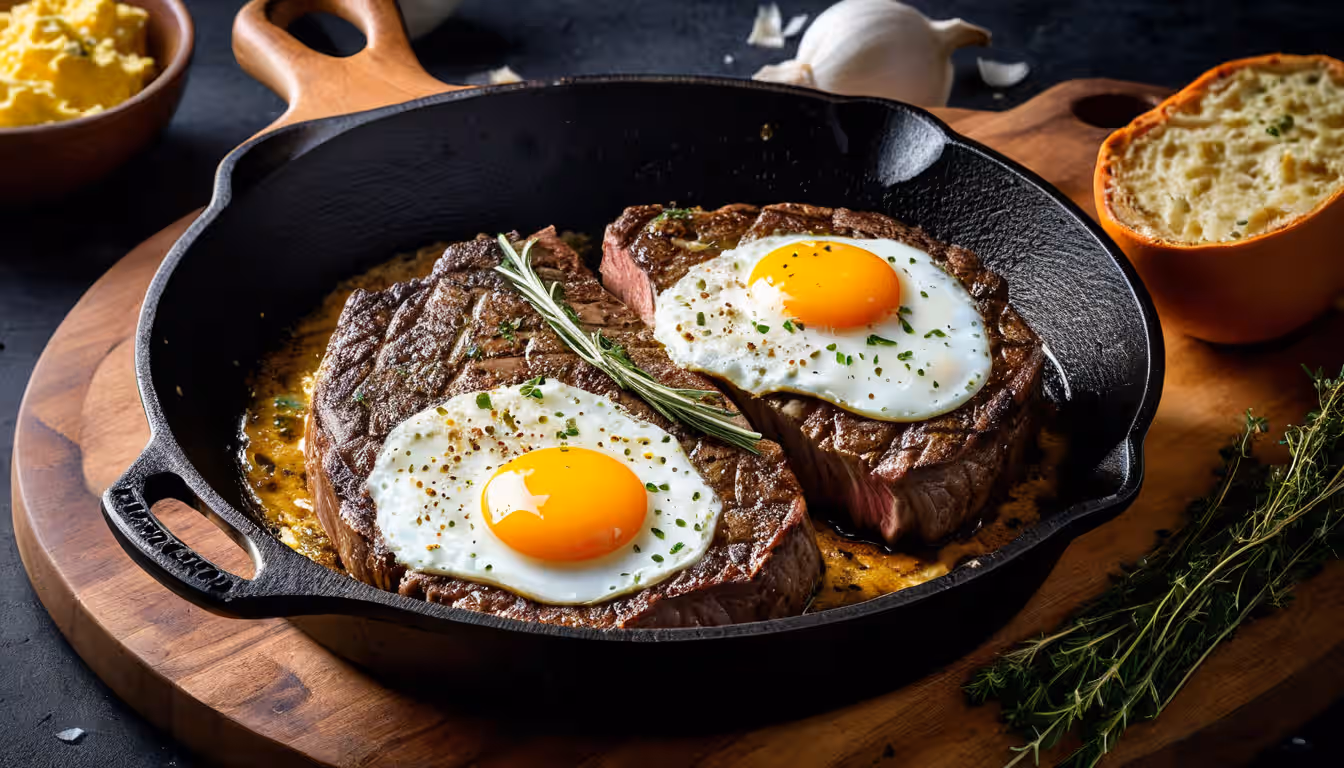 Juicy grass-fed ribeye steak with golden butter and sunny-side-up eggs on cast iron