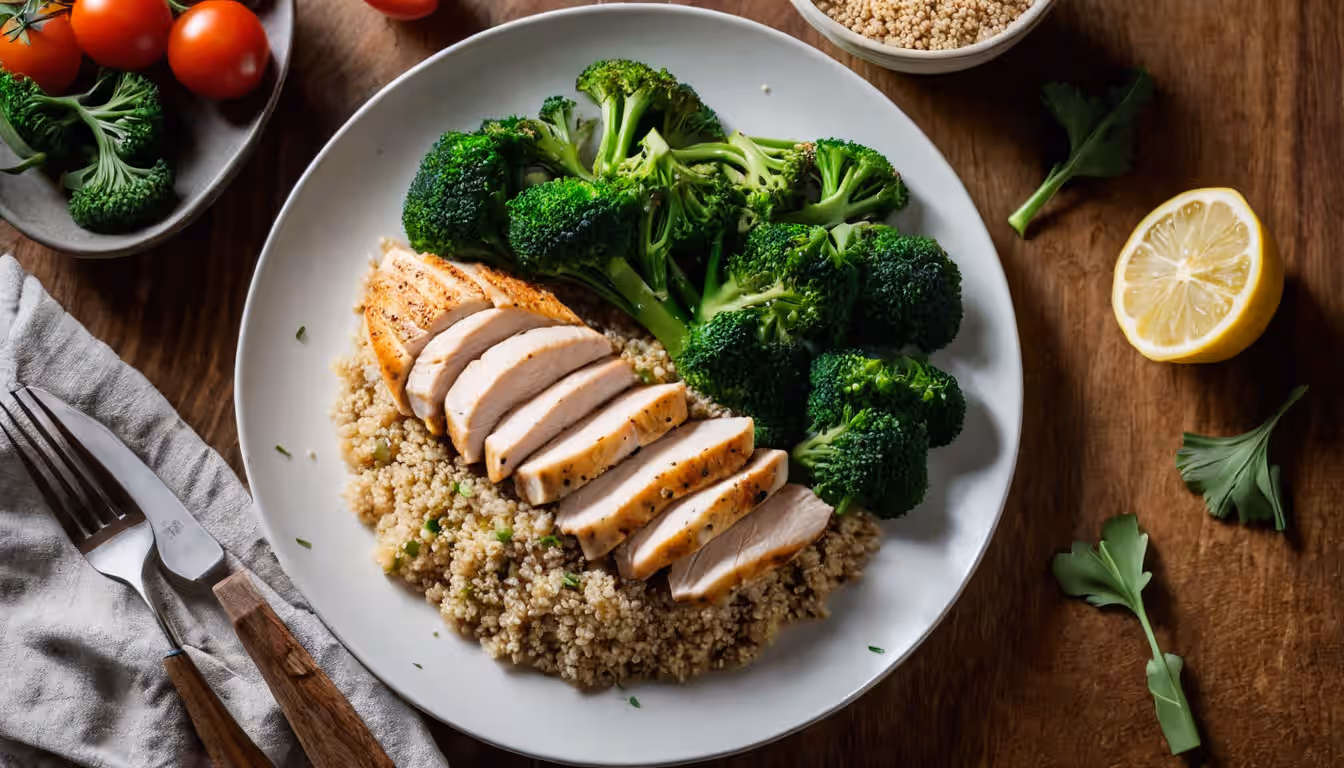 Grilled lemon herb chicken breast over fluffy quinoa with steamed vegetables